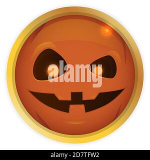 Bottone rotondo dorato con la faccia della zucca di Halloween con gli occhi luminosi all'interno di esso, isolato su sfondo bianco. Illustrazione Vettoriale