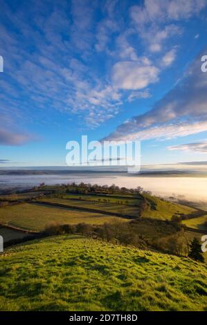 Vista su livelli di Somerset da Glastonbury Tor, Somerset, Inghilterra Foto Stock