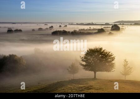 Dawn sopra i livelli del Somerset, Vista da Burrow Mump Burrowbridge, Somerset, Inghilterra Foto Stock