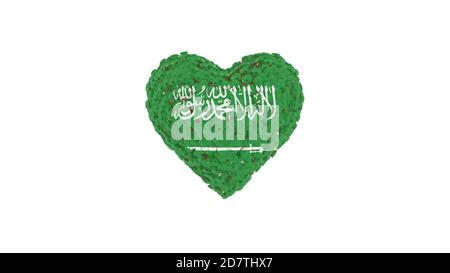 Giornata nazionale dell'Arabia Saudita. Settembre 23. Forma del cuore fatta di fiori su sfondo bianco. Rendering 3D. Foto Stock