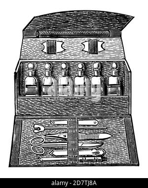 Incisione antica di un sacchetto medico (isolato su bianco). Pubblicato in exspecimes des divers caracteres et vignettes tipographiques de la fonderie di la Foto Stock