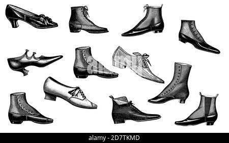 Vintage Shoe Industry Advertising - Classic Original Vintage Shoe Design Black and White Antique Illustration Isolated on White from Original Art Foto Stock