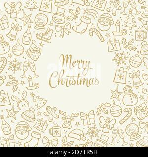 Biglietto d'auguri di Natale. Elementi di design isolati disegnati a mano e testo "buon Natale" al centro. Illustrazione vettoriale. Illustrazione Vettoriale