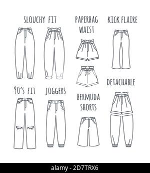 Donna jeans moda tipi contorno collezione. Pantaloni e shorts moderni Jean femmina diversi modelli. Illustrazione vettoriale a linea piatta. Montaggio allentato, pa Illustrazione Vettoriale