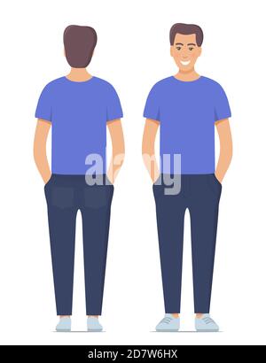 Bel giovane uomo in piedi in piena crescita in abiti casual. Vista frontale e posteriore, isolata. Illustrazione vettoriale Illustrazione Vettoriale