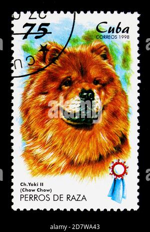 MOSCA, RUSSIA - 28 MARZO 2018: Un francobollo stampato a Cuba mostra Chow-Chow (Canis lupus familiaris), serie di cani, circa 1998 Foto Stock