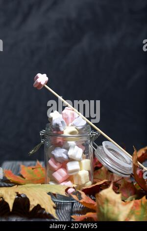 Marshmallows di colori diversi. Giacciono in un vaso di vetro. Uno è stung su uno spiedino di legno. Foglie di acero d'autunno sono sparse intorno. Foto Stock