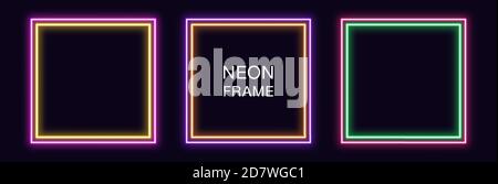 Cornice quadrata al neon. Set di bordi al neon a quadratura con contorno doppio. Forma geometrica con spazio di copia, elemento grafico futuristico per i social media stori Illustrazione Vettoriale