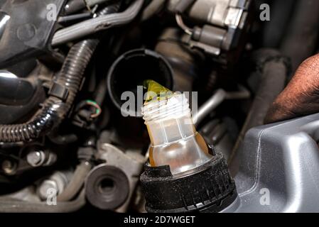 Il meccanico dell'automobile versa l'olio nuovo dell'automobile nel motore da un serbatoio di plastica in un'officina dell'automobile, vista dall'alto. Foto Stock