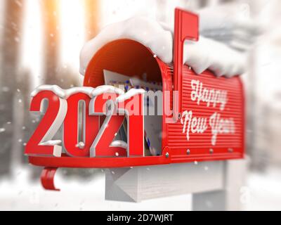 Felice anno nuovo 2021. Casella postale con lettere e numero 2021. illustrazione 3d Foto Stock