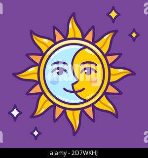 Carino cartone animato mezzo sole mezza luna faccia, disegno semplice. Giorno e notte, equilibrio e unità simbolo. Immagine vettoriale clip art. Illustrazione Vettoriale