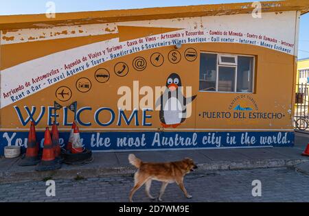 Punta Arenas, Cile - 12 dicembre 2008: Cartello di benvenuto con pinguino e cane a Puerto del Estrecho, porto dello stretto. Parete gialla senape con bianco Foto Stock