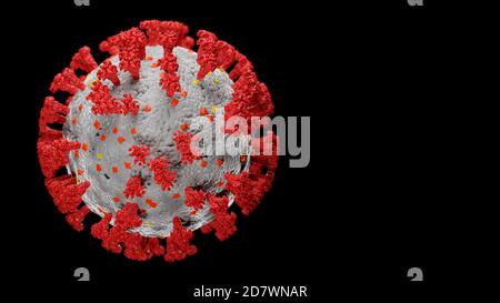 Corpo del virus COVID-19. Simulazione 3D fotorealistica e ad alta risoluzione con modellazione accurata di tutte le parti. Isolato su sfondo nero. Spazio di copia Foto Stock