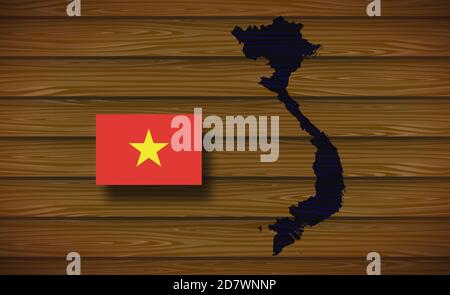 Mappa e bandiera del Vietnam, Countrie in Asia, su sfondo ligneo, illustrazione 3D Foto Stock