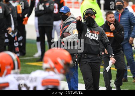 Cincinnati, OH, Stati Uniti. 25 Ott 2020. Il capo allenatore Zac Taylor dei Cincinnati Bengals reagisce durante l'azione della partita di football della NFL tra i Cleveland Browns e i Cincinnati Bengals allo stadio Paul Brown il 25 ottobre 2020 a Cincinnati, OH. Adam Lacy/CSM/Alamy Live News Foto Stock