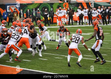 Cincinnati, OH, Stati Uniti. 25 Ott 2020. Giovani Bernard n° 25 dei Cincinnati Bengals ha fatto irroltire la palla durante la partita di football della NFL tra i Cleveland Browns e i Cincinnati Bengals al Paul Brown Stadium il 25 ottobre 2020 a Cincinnati, OH. Adam Lacy/CSM/Alamy Live News Foto Stock