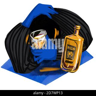 L'uomo depresso beve il whiskey da solo. Concetto di solitudine e dipendenza da alcol illustrazione Foto Stock