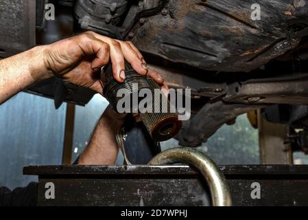 Meccanico dell'automobile che tiene vecchio filtro dell'olio usurato fuori, mani sporche con olio nero. Foto Stock