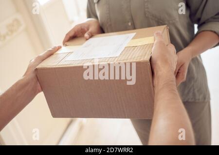 Cliente femmina che riceve corriere consegna pacco a casa, primo piano. Foto Stock