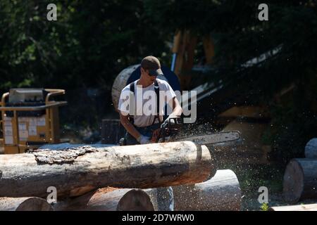 Prospect, Oregon / USA - 16 agosto 2014: Un uomo compete in un evento motosega per il miglior tempo al Prospect Hillbilly Jamboree e Timber Carnival Foto Stock