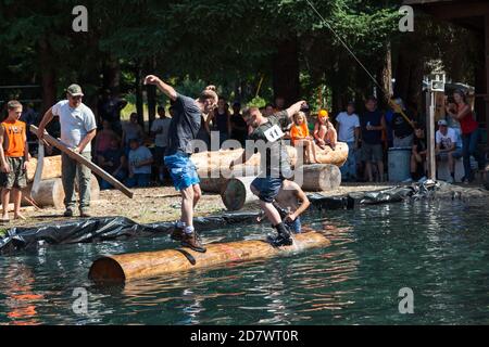 Prospect, Oregon / USA - 16 agosto 2014: Due uomini gareggiano nell'evento di Rolling skill log al Prospect Hillbilly Jamboree e Timber Carnival in Pro Foto Stock