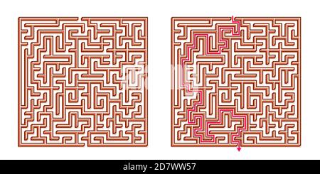 Labirinto vettoriale 3D / isometrico Easy Square - Labyrinth con soluzione inclusa. Divertente & gioco di mente educativo per la coordinazione, risoluzione dei problemi, decisione Illustrazione Vettoriale