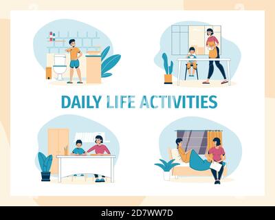 Madre figlio vita quotidiana attività di famiglia a casa insieme Illustrazione Vettoriale