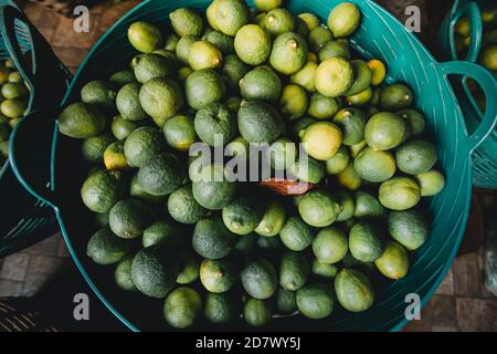 Limoni organici in cesto da giardino non chimico Foto Stock