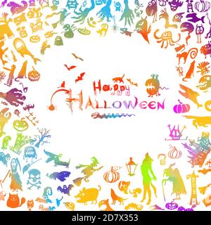 Una cornice multicolore di oggetti per Halloween. Mostri oggetti. Illustrazione vettoriale Illustrazione Vettoriale