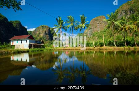 Rammang-rammang è il nome del remoto villaggio nel mezzo della zona carsica. Prenderemo una barca per scoprire il villaggio. Mentre si attraversa la riv Foto Stock