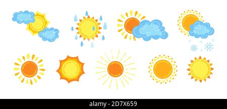 Set di cartoni animati Sun. Nuvole pioggia, neve e nuvoloso. Sole carino disegnati a mano. Raccolta divertente di simboli meteo. Vettore dei segni di infografia meteorologica Illustrazione Vettoriale