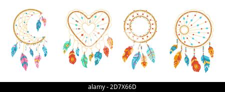 Boho dreamcatcher con set di cartoni animati piume. Colorate piume di uccelli, talismano dolce sogno disegnato a mano. Design indiano nativo americano. Stile etnico bohémien, simboli hipster. Illustrazione vettoriale Illustrazione Vettoriale