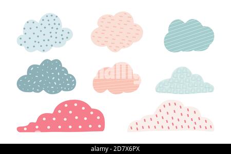 Carino insieme colorato di nube di doodle. Elemento di design ideale per i bambini biglietti di auguri o vestiti di sfondo. Collezione pastello di nuvole decorative disegnate a mano con macchie circolari, punti, linee. Illustrazione vettoriale Illustrazione Vettoriale