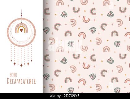 Motivo senza cuciture con arcobaleni boho. Catcher sogno indiano. Illustrazione Vettoriale
