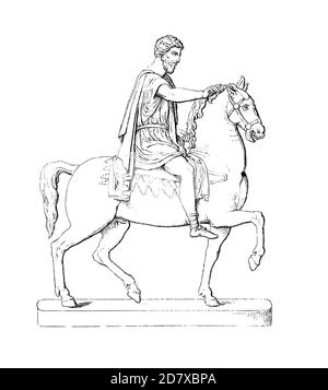 Incisione ottocentesca raffigurante la statua equestre di Marcus Aurelio. Illustrazione pubblicata in Systematischer Bilder Atlas - Bauwesen, Ikonograp Foto Stock