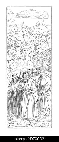 Incisione ottocentesca raffigurante gli Eremiti, il pannello inferiore destro della pala d'altare di Gand, di Hubert van Eyck. Illustrazione pubblicata in Systematisc Foto Stock
