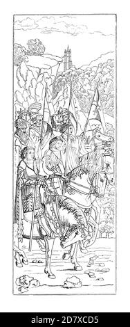 Illustrazione del XIX secolo raffigurante i Cavalieri di Cristo, il pannello inferiore sinistro della pala d'altare di Gand, di Hubert van Eyck. Incisione pubblicata su Sy Foto Stock