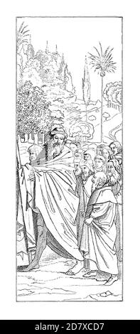 Antica illustrazione raffigurante i pellegrini, il pannello in basso a destra della pala d'altare di Gand, di Hubert van Eyck. Incisione pubblicata su Systematischer Foto Stock