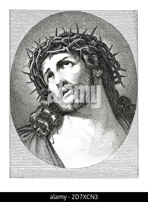 Antica incisione raffigurante Cristo coronato da spine, dipinto di Guido reni. Illustrazione pubblicata in Systematischer Bilder Atlas - Bauwesen, Ikon Foto Stock