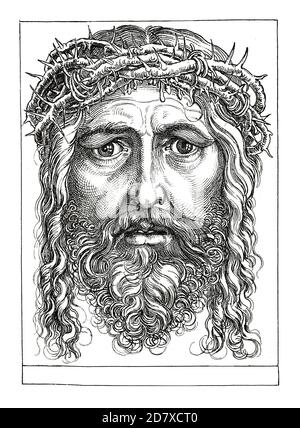 Antica illustrazione raffigurante il ritratto di Cristo sofferente di Albrecht Durer. Incisione pubblicata su Systematischer Bilder Atlas - Bauwesen, Ikonogra Foto Stock