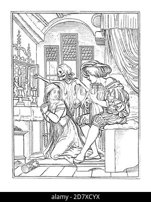Antica illustrazione del XIX secolo raffigurante il taglio di legno della serie Danza della morte di Hans Holbein il giovane. Pubblicato in Systematischer Bilder-Atl Foto Stock