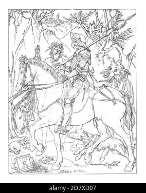 Illustrazione del XIX secolo raffigurante Cavaliere, morte e Diavolo, incisione di Albrecht Durer (fine 1513). Pubblicato in Systematischer Bilder-Atla Foto Stock