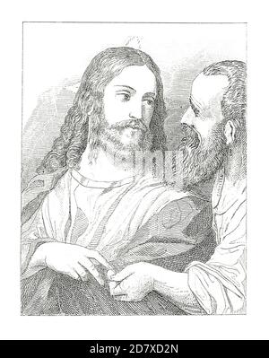 Incisione del XIX secolo raffigurante Cristo e il denaro tributo, dipinto di Tiziano. Illustrazione pubblicata in Systematischer Bilder Atlas - Bauwesen, i Foto Stock