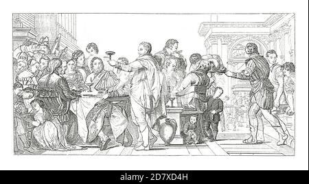 Antica illustrazione raffigurante il matrimonio a Cana, dipinto di Paolo Veronese. Incisione pubblicata su Systematischer Bilder Atlas - Bauwesen, Ikonogr Foto Stock