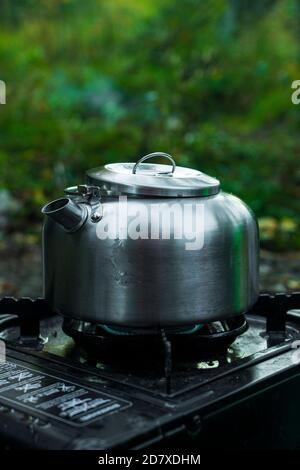 Bellissimo bollitore d'acciaio su stufa a legna in campagna Foto stock -  Alamy