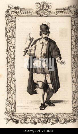 Costume di un vogatore di galee veneziane o falila, 16 ° secolo. Impiegato in tempo di guerra. Indossa un feltrino con pennacchi, cappotto abbronzato, giacca, culotte, scarpe. Armati di ascia e pistola flintlock. All'interno di una cornice decorativa incisa da H. Catenacci e Fellmann. Incisione di blocchi di legno di Gerard Seguin e E.F. Huyot dopo un taglio di legno di Christoph Krieger dai costumi di Cesare Vecellio del XVI secolo anciens et modernes, Habiti antichi et moderni di tutto il mondo, Firman Didot Ferris Fils, Parigi, 1859-1860. Foto Stock