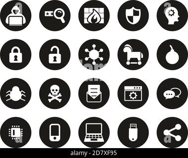Icone hacker Bianco su Black Flat Design cerchio Set Grande Illustrazione Vettoriale