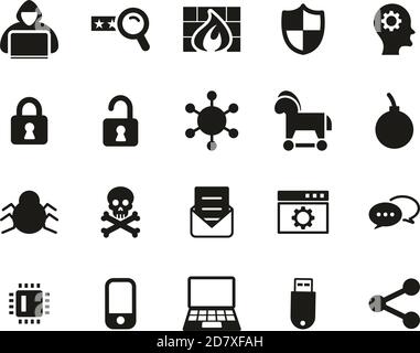 Icone hacker Bianco e nero Set Grande Illustrazione Vettoriale