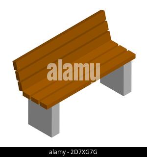 Semplice panca marrone della città con schienale in vista isometrica isolato su bianco. Base in cemento e seduta in legno. Vettore EPS10. Illustrazione Vettoriale