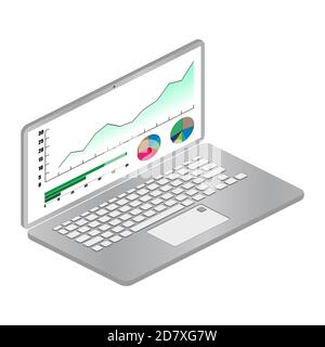Computer portatile isometrico con grafici e grafici sullo schermo isolati in bianco. Computer con sistema analitico. Vettore EPS10. Illustrazione Vettoriale